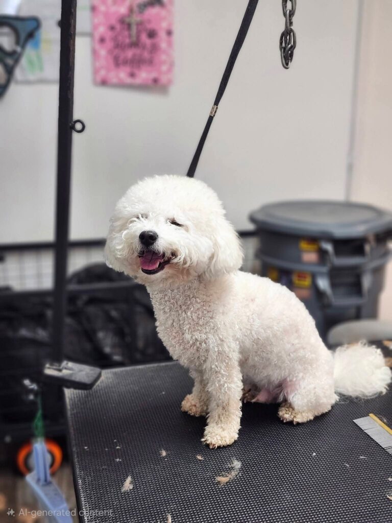 Before professional grooming: A white Bichon Frise with overgrown, matted fur and messy hair at Pooches Hair Studio in Edmond, OK.