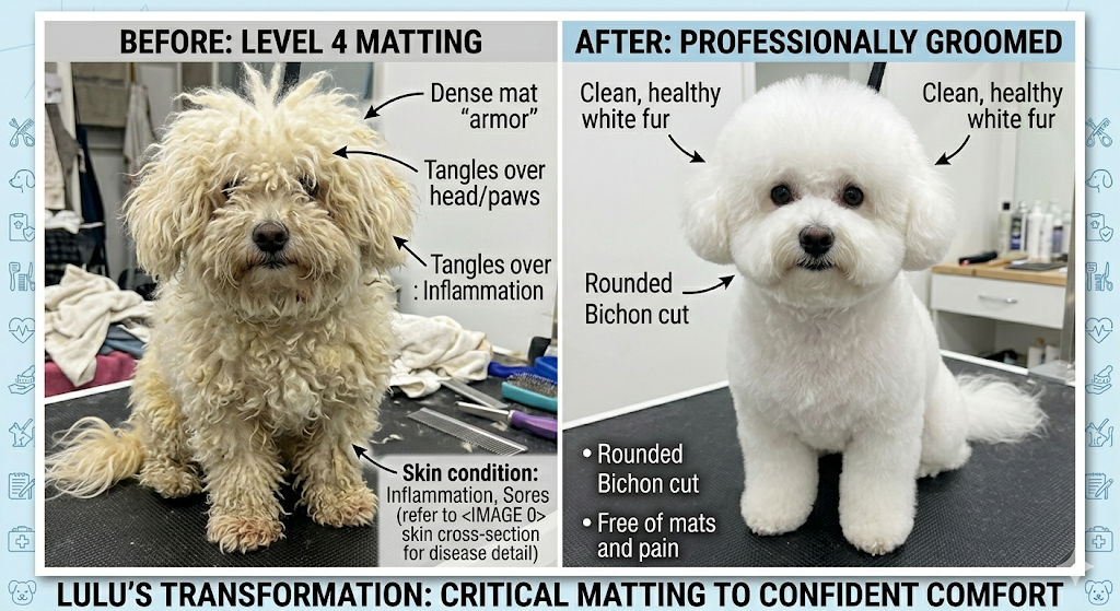 Before and after transformation of a matted Bichon Frise