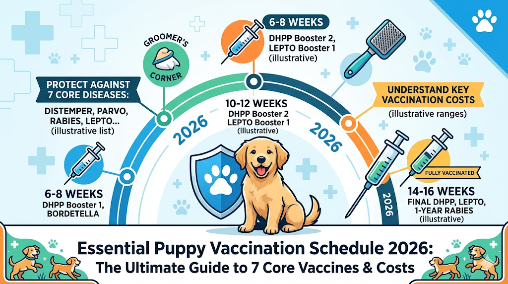 The 2026 Essential Puppy Vaccination Schedule, Mastered in One Guide! 🐶 Here is the Ultimate Guide to ensuring a healthy first year for your precious pup. From the prevention timeline for 7 core diseases (DHPP, Rabies, Lepto, Bordetella, etc.) and estimated costs, to exclusive tips in our 'Groomer's Corner'! Discover the perfect roadmap for new puppy parents at a glance today.