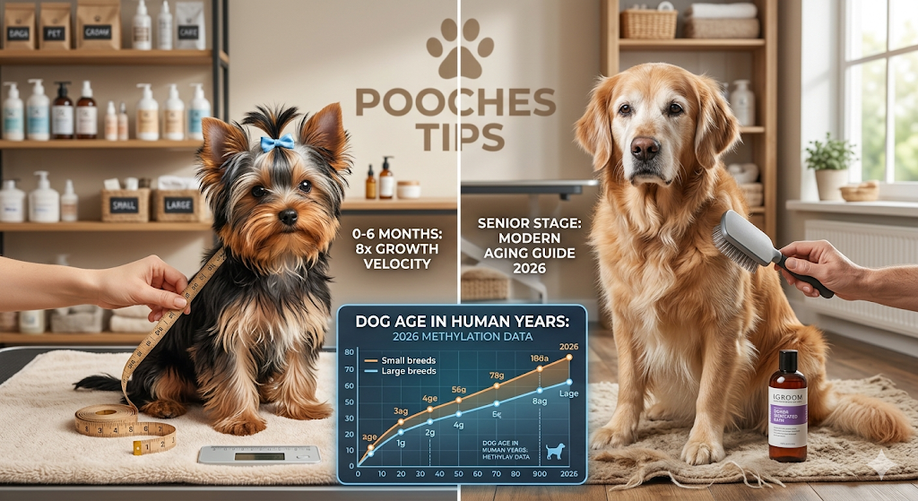 A high-quality split-screen infographic showing a Yorkshire Terrier puppy and a senior Golden Retriever, illustrating the Dog Age in Human Years Chart 2026 with a professional grooming background.