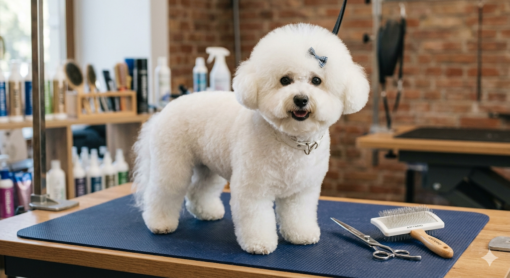 A professionally groomed Bichon Frise showing off a pristine Teddy Bear Cut, one of the most popular low-maintenance Bichon Frise Grooming Styles.