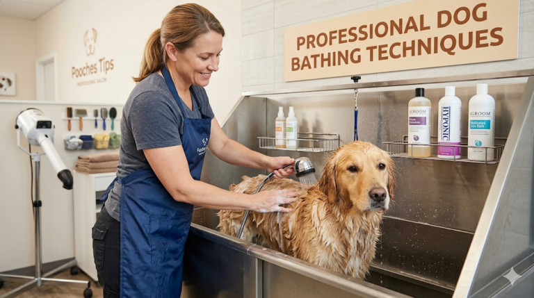 A professional groomer applying professional dog bathing techniques by holding a showerhead close to a Golden Retriever's fur to minimize noise and stress.