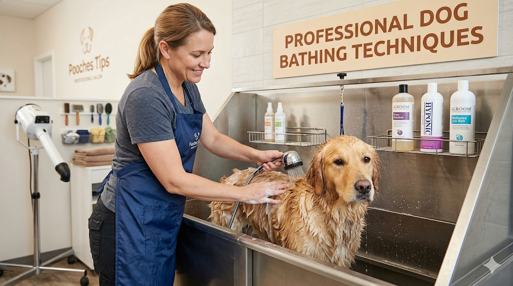A professional groomer applying professional dog bathing techniques by holding a showerhead close to a Golden Retriever's fur to minimize noise and stress.