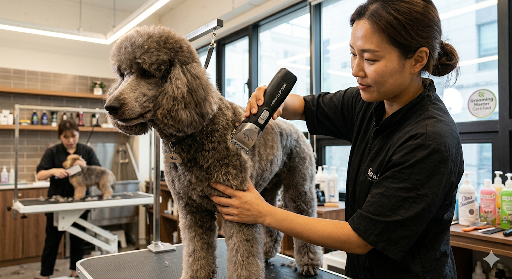 A high-quality image showcasing the best professional dog clippers for thick coats being used by an expert groomer in a modern salon setting.