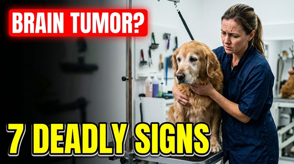 Professional groomer calmly assessing a senior dog for signs of neurological distress