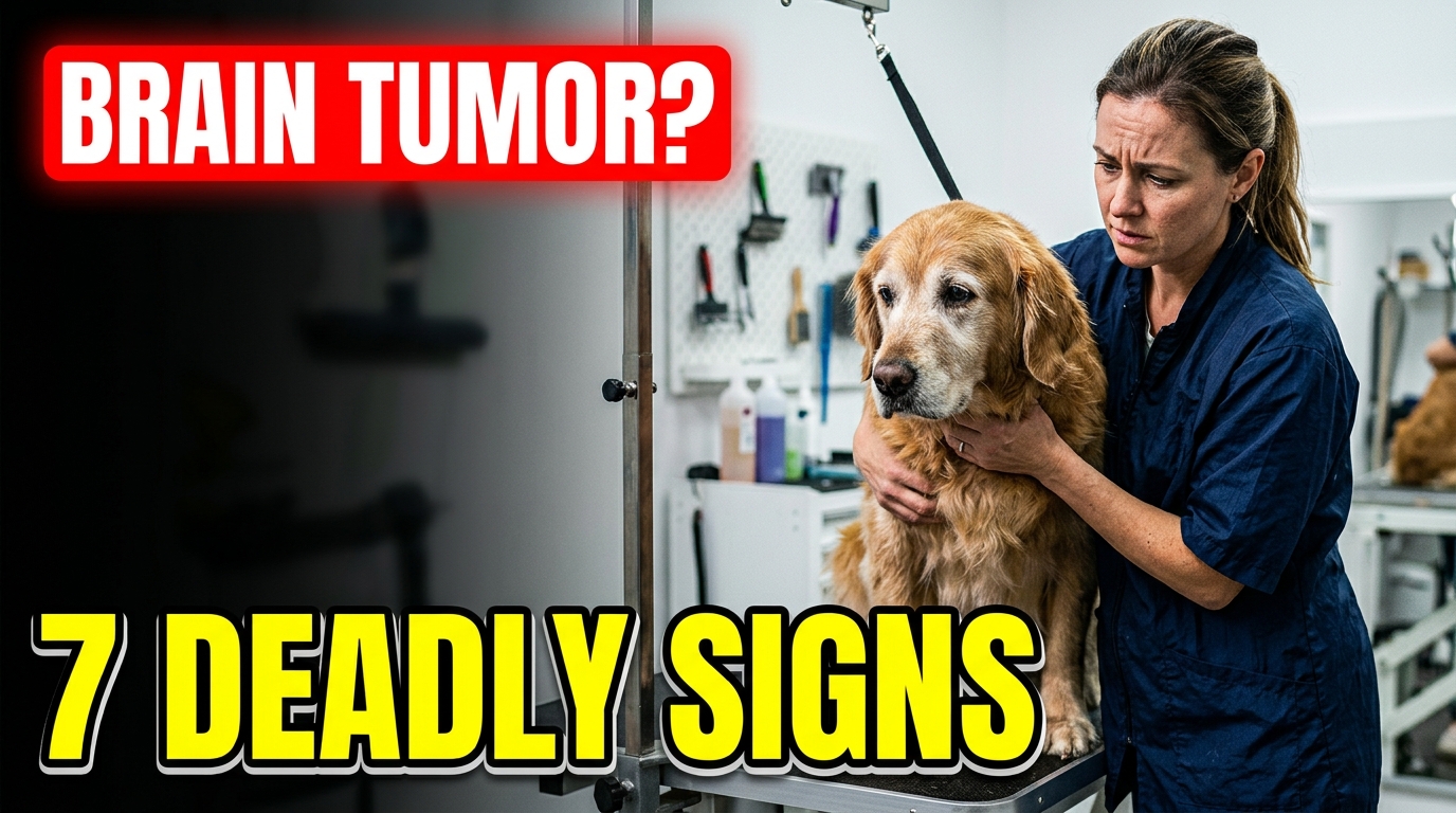 Professional groomer calmly assessing a senior dog for signs of neurological distress