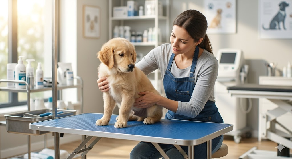 A professional groomer examining a young puppy showing signs of puppy enteritis symptoms and treatment needs in a clean veterinary setting.