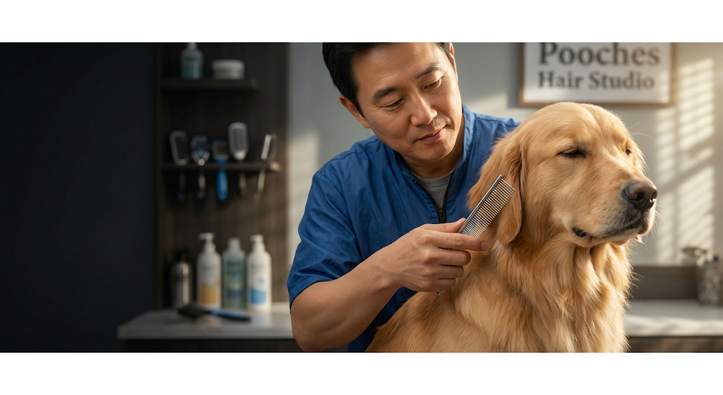 Professional groomer checking a dog's fur for ticks during a spring grooming session, highlighting proactive care.