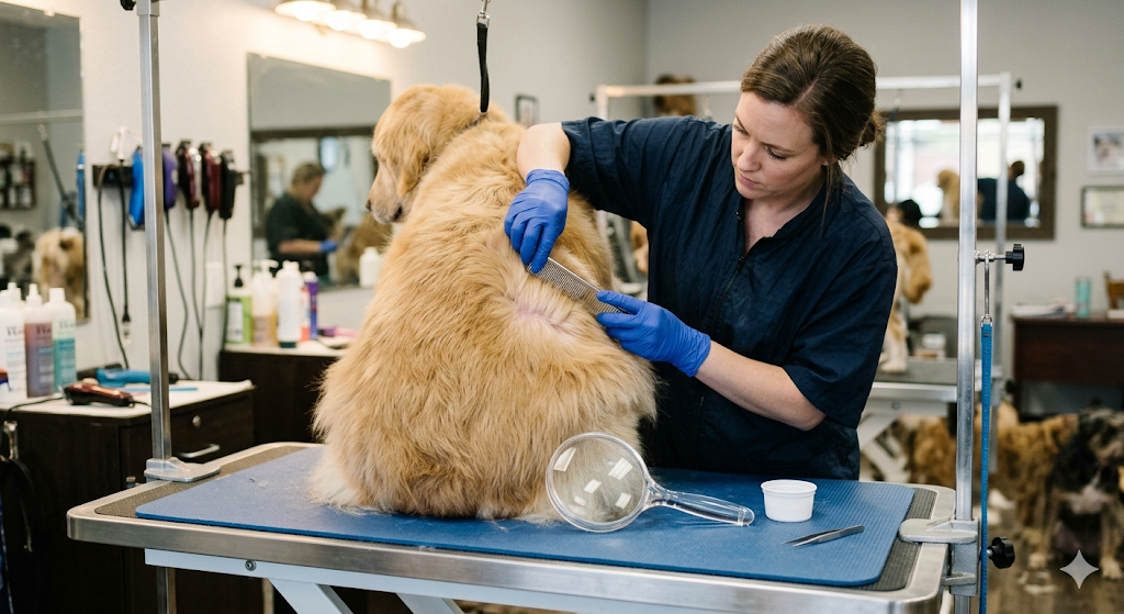 Inside a professional dog grooming salon, a female groomer wearing blue gloves is meticulously checking and trimming the fur along the spine of a large Golden Retriever. The dog is seated patiently on a blue mat on a stainless steel grooming table. The groomer is using a metal comb to lift sections of the coat and a small pair of fine-tip scissors for precise trimming. In the foreground of the table, a magnifying glass, a small white plastic cup, tweezers, and a small puff of cut hair are visible. The background shows a bustling salon environment with other grooming stations, mirrors, and various pet products and tools. The lighting is focused and professional.