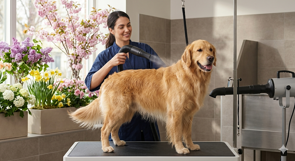 A professional dog groomer gently drying a Golden Retriever's coat with a high-velocity dryer, with a background showing blooming spring flowers. The dog looks happy and comfortable.