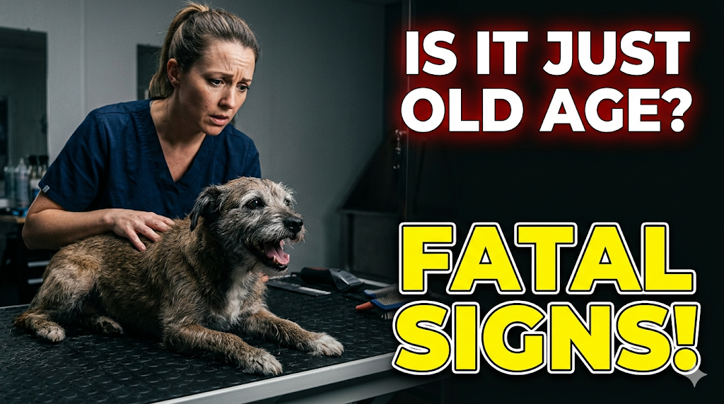 An elderly golden retriever exhibiting senior dog heavy breathing while resting on a veterinary clinic floo