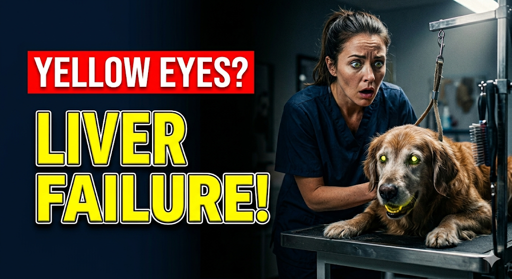 Professional groomer gently assessing dog yellow eyes and gums on a non-slip grooming table