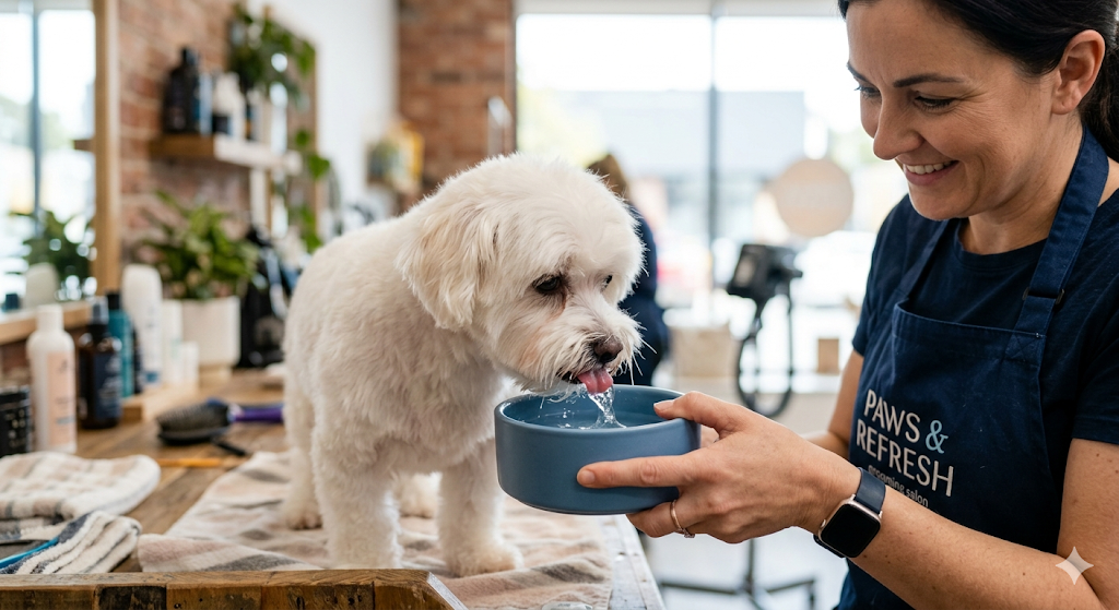 A senior Maltese dog drinking water in a grooming salon to prevent dog dehydration symptoms senior dogs.