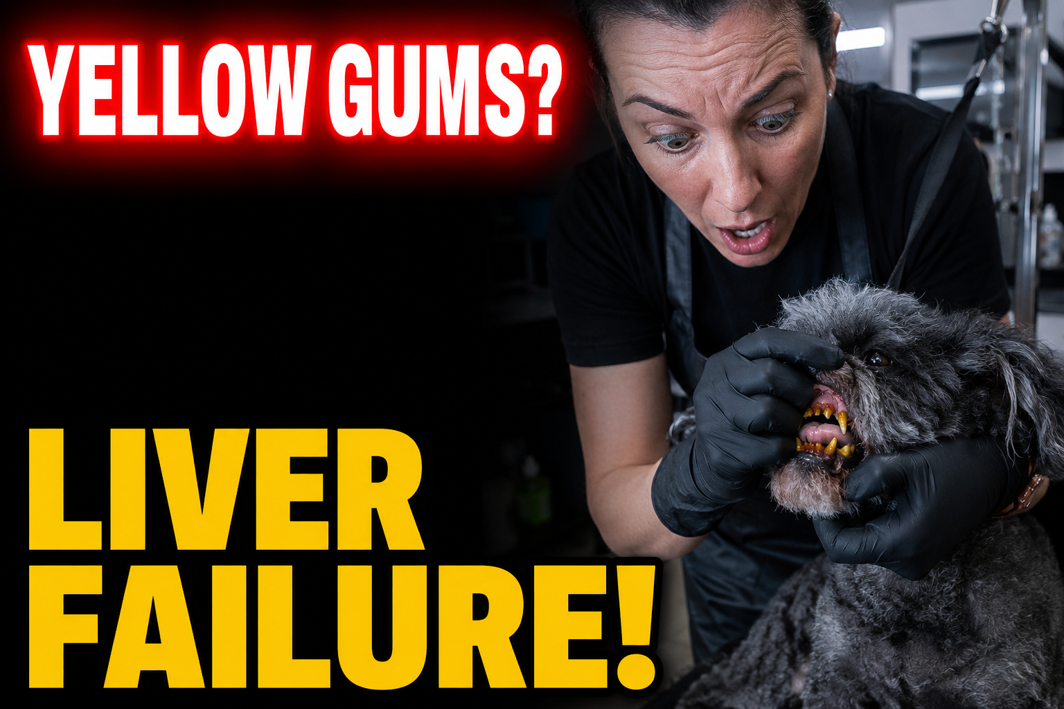 Professional groomer gently examining a senior dog for signs of jaundice and abdominal pain