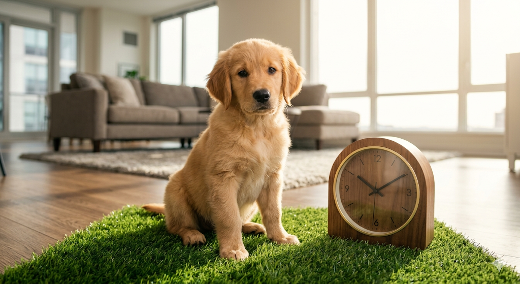 A Golden Retriever puppy following a Puppy Potty Training Schedule on an indoor grass pad.