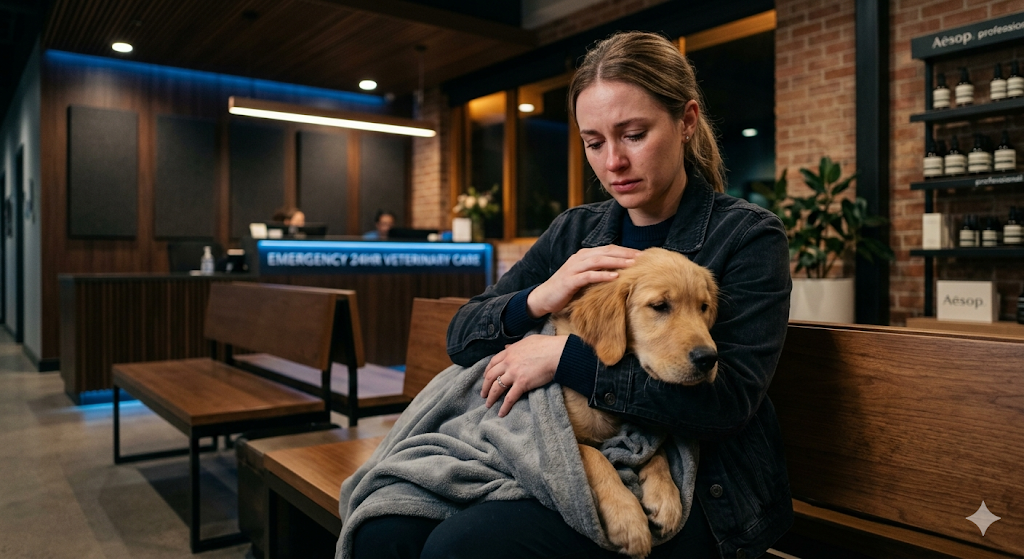 A worried pet owner monitoring a sick puppy showing dog acute enteritis symptoms at a 24-hour emergency veterinary clinic.