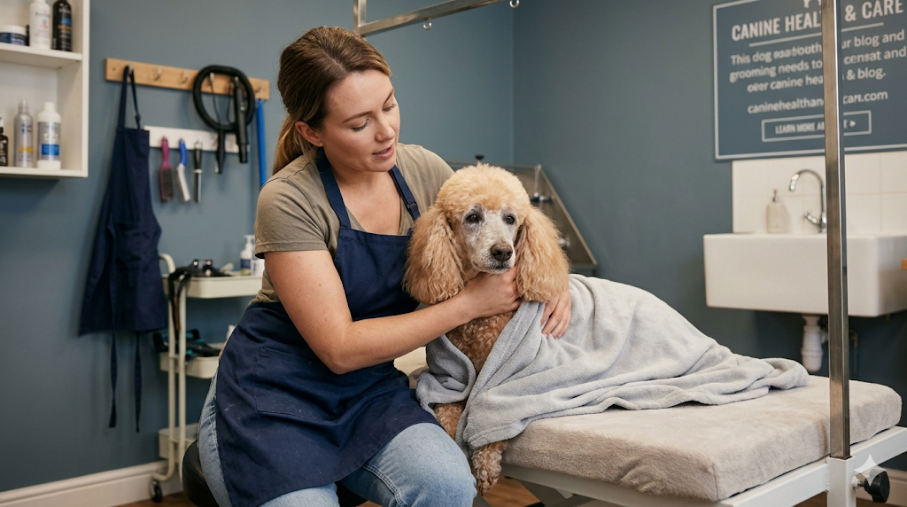 A professional groomer comforting a senior poodle recovering from dog gastritis yellow vomit in a clean salon.