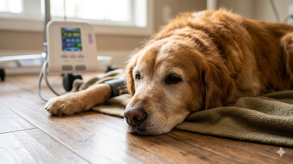 A senior dog resting during a health check-up to monitor the Dog Blood Pressure Chart by Age.