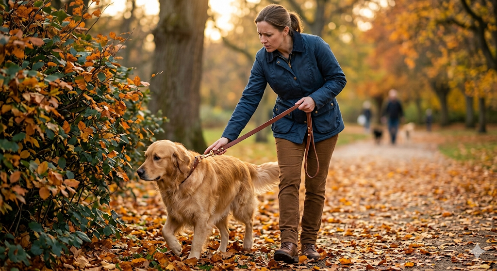 A worried owner researching how to stop dog from eating poop on walks while holding a leash outdoors.