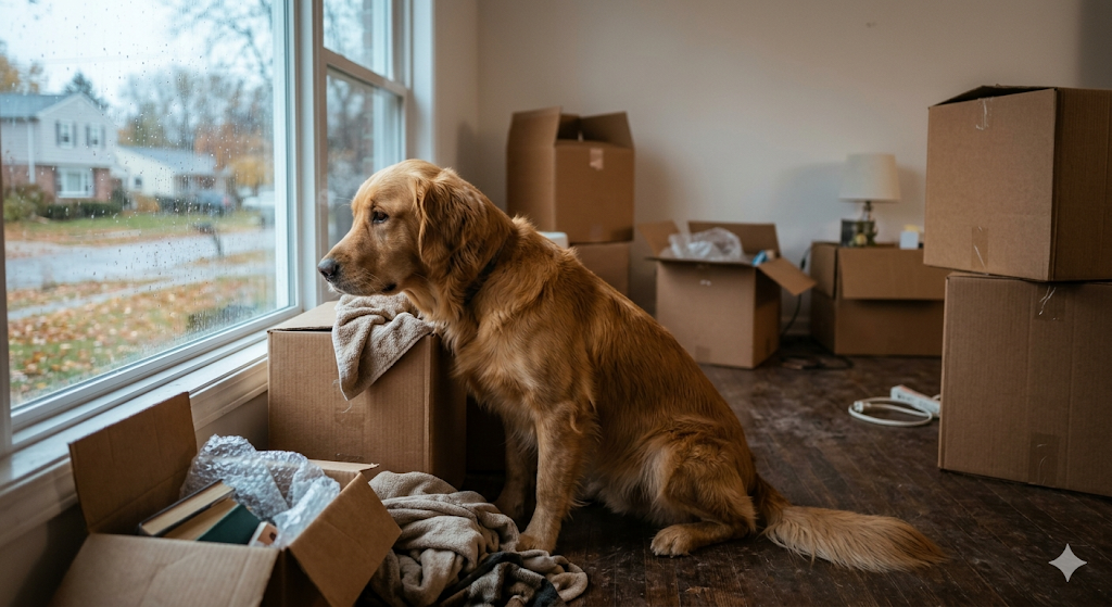 A sad golden retriever sitting among unpacked boxes experiencing dog depression after moving.