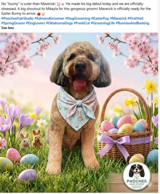 Maverick the Doodle looking happy and freshly groomed, showcasing perfect Doodle grooming maintenance in an Easter setting.