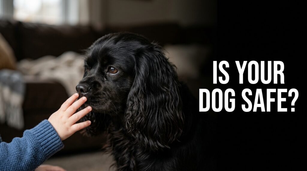 A gentle Black Cavalier King Charles Spaniel sitting calmly near a toddler playing with building blocks