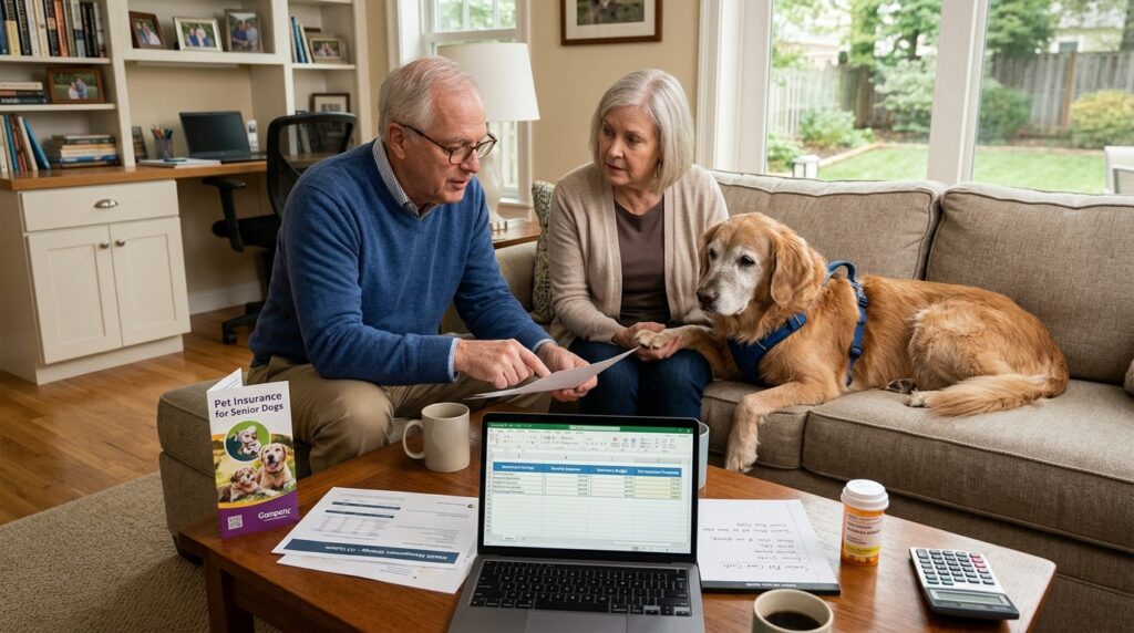 A senior golden retriever reviewing comprehensive pet insurance plans with its owner to cover pre-existing conditions and lower vet costs.