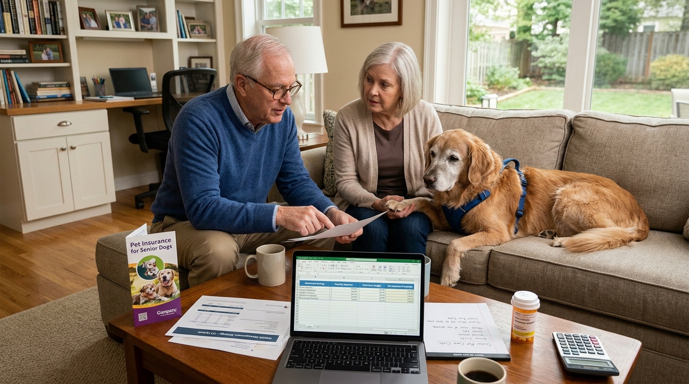 A senior golden retriever reviewing comprehensive pet insurance plans with its owner to cover pre-existing conditions and lower vet costs.