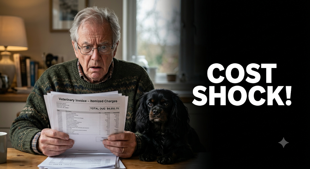 A senior couple carefully picking the perfect dog by evaluating a calm black Cavalier King Charles Spaniel.