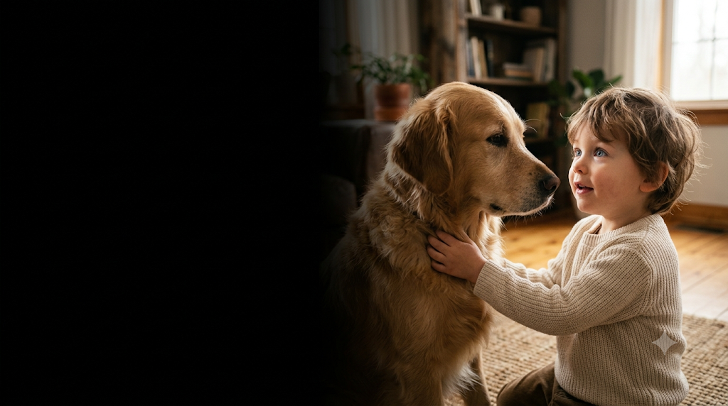 A young child and a golden retriever fostering childhood psychological development and empathy