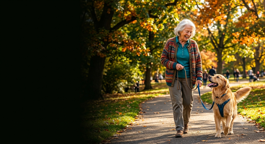 An elderly person enjoying a walk with a dog to improve senior mobility