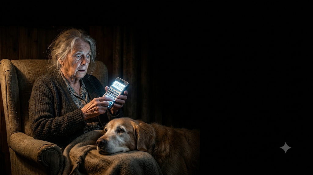 A senior dog owner reviewing budget documents and calculating lifetime dog expenses at a desk