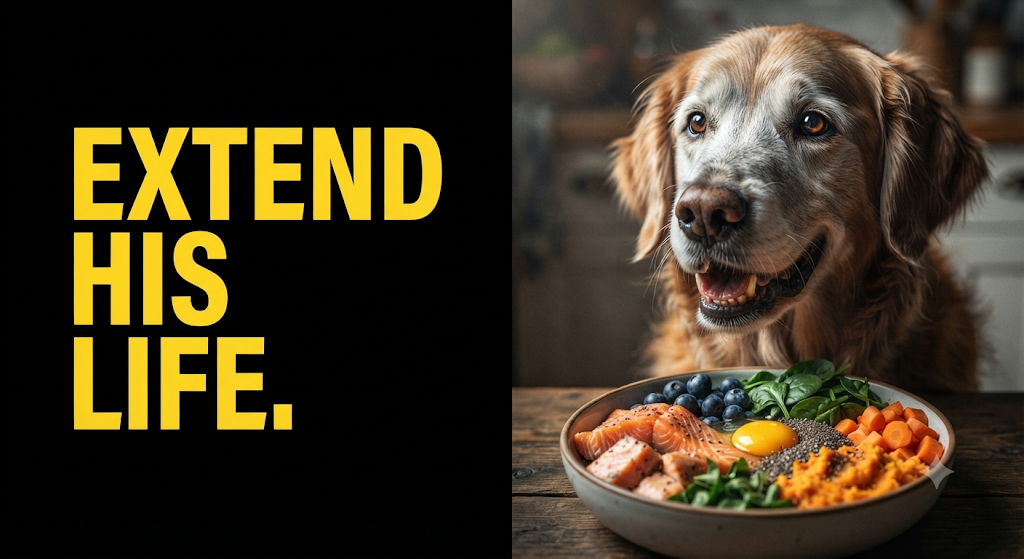 A healthy senior Golden Retriever enjoying nutrient-dense dog food for vitality