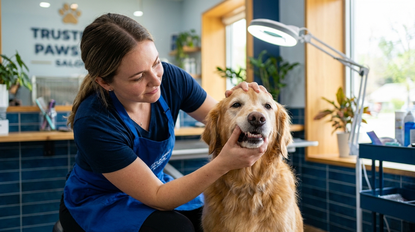 Senior dog bad breath solutions in action during professional grooming