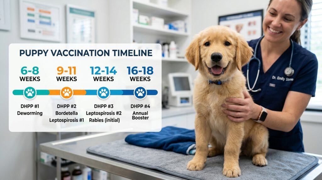Professional veterinary clinic setting displaying a clear dog core vaccines timeline infographic chart for a healthy puppy checkup