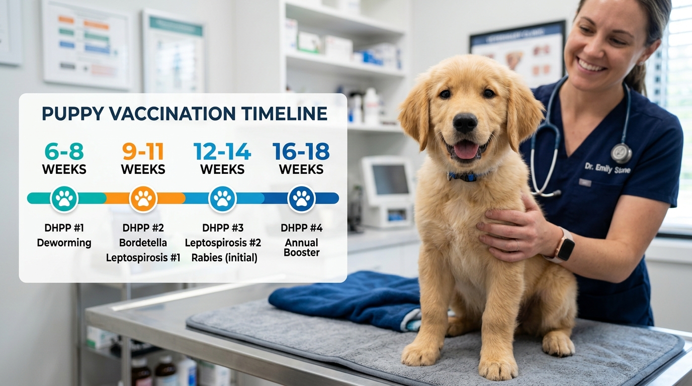 Professional veterinary clinic setting displaying a clear dog core vaccines timeline infographic chart for a healthy puppy checkup